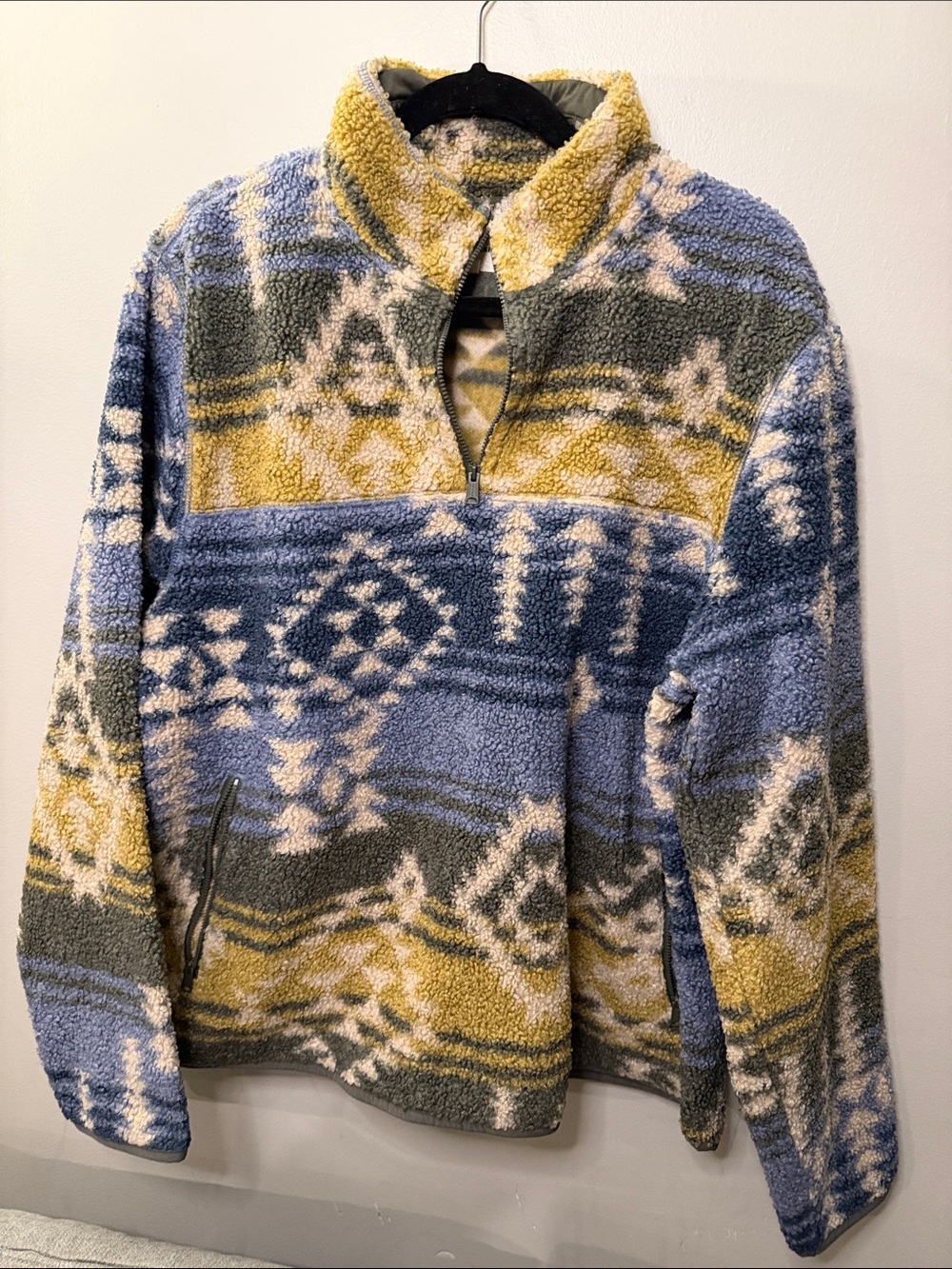 Cozy Patterned Sherpa Pullover Sweater - Blue, Gray & Cream